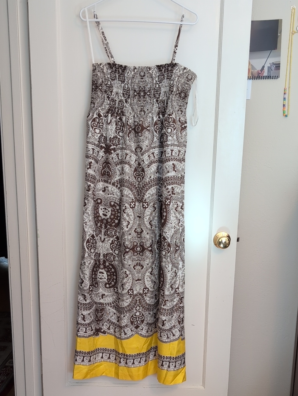 Brown & White Paisley Maxi Sundress with Yellow Hem